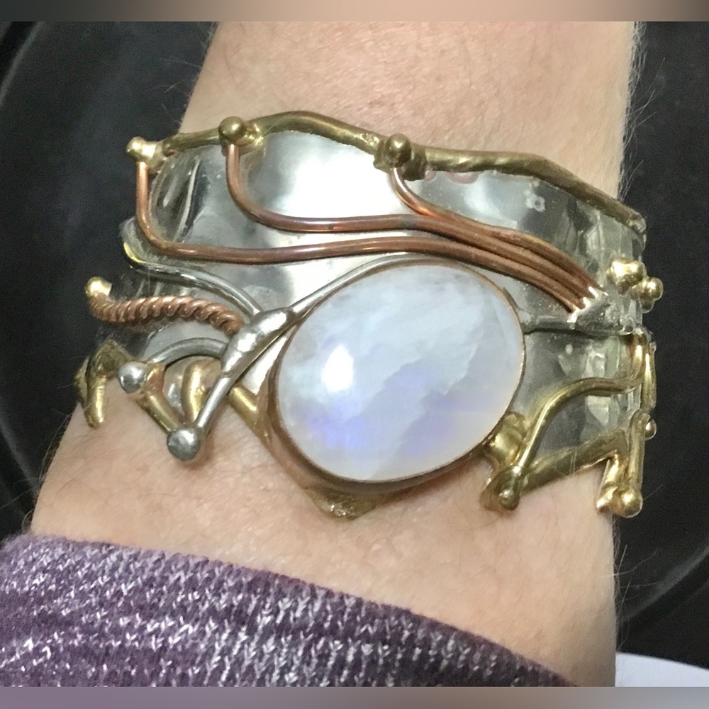Artisan Handcrafted Moonstone Mixed Metals Brutalist Cuff Bracelet